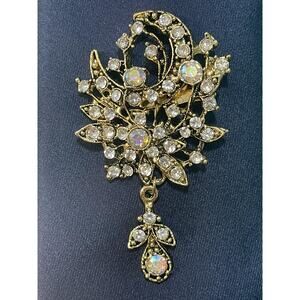 Gold Tone Clear Rhinestone Floral Statement Brooch Pin Dangling Teardrop